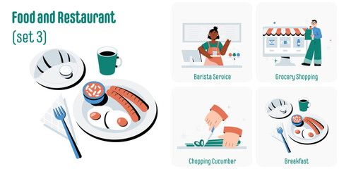 Obraz premium Food and restaurant illustrations set about breakfast preparation, grocery shopping, barista service, cucumber chopping. Flat vector illustration isolated on white