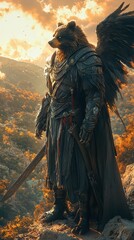 Illustration - Bear Warrior with Wings and Sword at Sunset