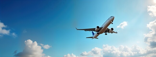 Airplane travels high in bright blue sky filled with white clouds. Commercial jet flies away. Travel concept. Daytime view. Vacation imagery. Modern transport. Air travel. High altitude. Sunny day.