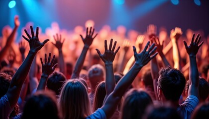 Large crowd participates in event. Many hands raised high in air. Lively atmosphere with vibrant colors. Positive energy, excitement. People show enthusiastic involvement, participation in dynamic
