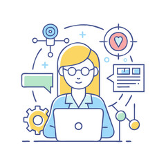 female in digital tech vector icon, women’s day vector illustration - simple illustration of female in digital tech perfect for logos, and holidays -themed designs.