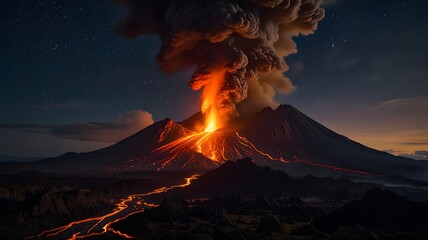 Fototapeta premium Dramatic volcano eruption at night with glowing lava flows, smoke, and ash against a starry sky, showcasing the raw power of nature and volcanic activity in a breathtaking and realistic scene