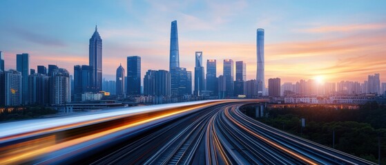 Fototapeta premium Urban City Skyline at Sunset with Train Tracks Illuminated by Movement and Architectural Marvels in View