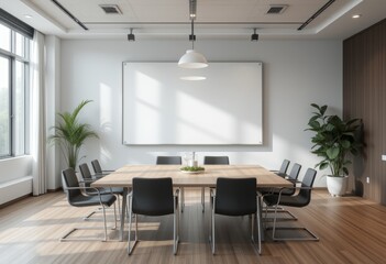 Modern conference room with wooden accents and natural light.