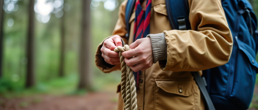 Boy scout in uniform ties knot outdoors. Scout activity in forest. Boy scout learns knot tying skill. Outdoor adventure. Boy scout uses rope. Nature scene. Scout equipment. Boy scout training. Forest