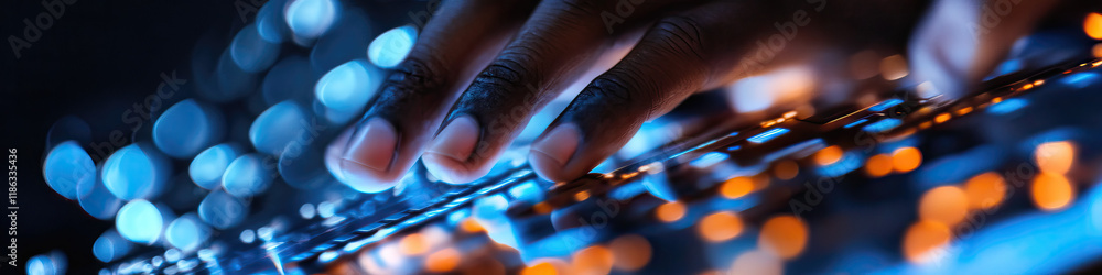 Poster close-up of hand interacting with illuminated keyboard