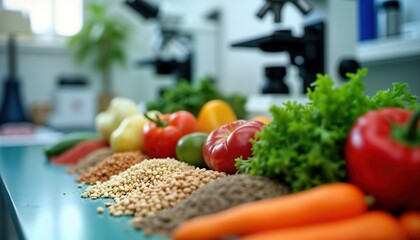 Food quality analysis in lab. Variety of foods like vegetables, grains displayed. Lab tech tools, equipment out of focus in background. Nutrients, contaminants analysis taking place. Food safety,
