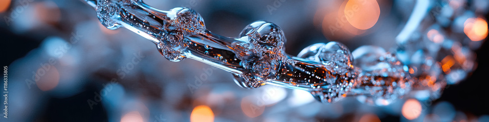 Poster close-up of translucent viscous chain with air bubbles and bokeh background