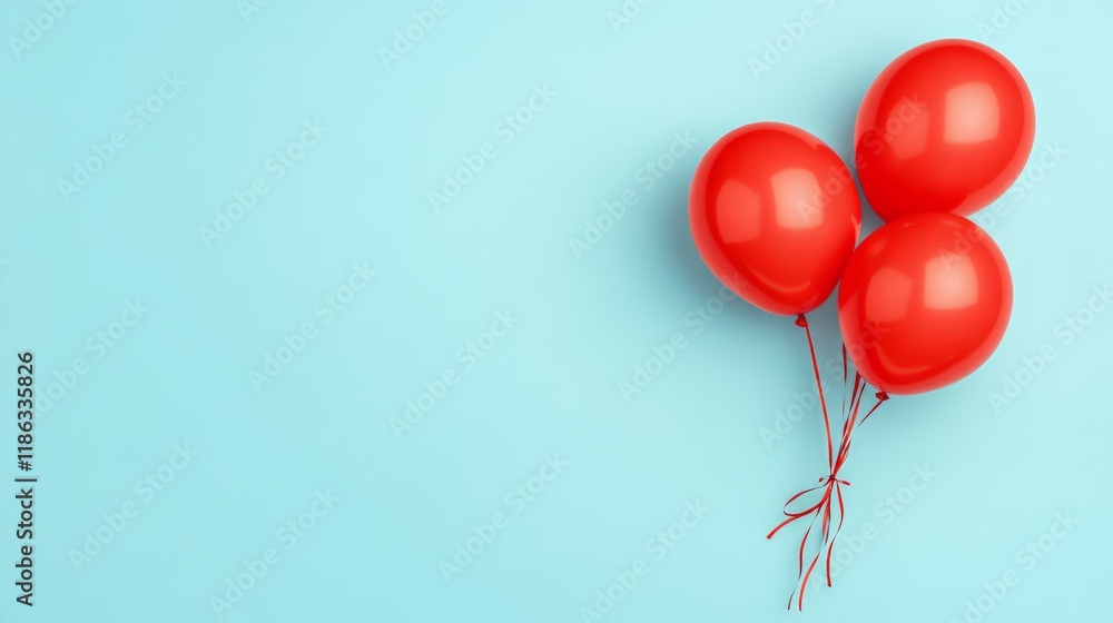 Poster Three red balloons floating against a vibrant light blue backdrop, creating a cheerful and celebratory atmosphere with ample copy space for text or design elements