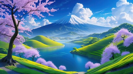 A breathtaking vista of a serene Japanese-style landscape. A large, snow-capped mountain dominates the background, rising majestically against a vibrant cerulean sky dotted with fluffy, cumulonimbus..