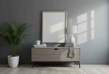  Modern gray interior with wooden furniture and wall art.