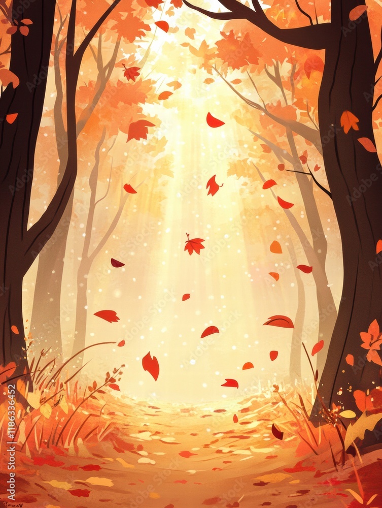 Poster bright autumn forest featuring falling leaves and golden sunlight illuminating the path. generative 