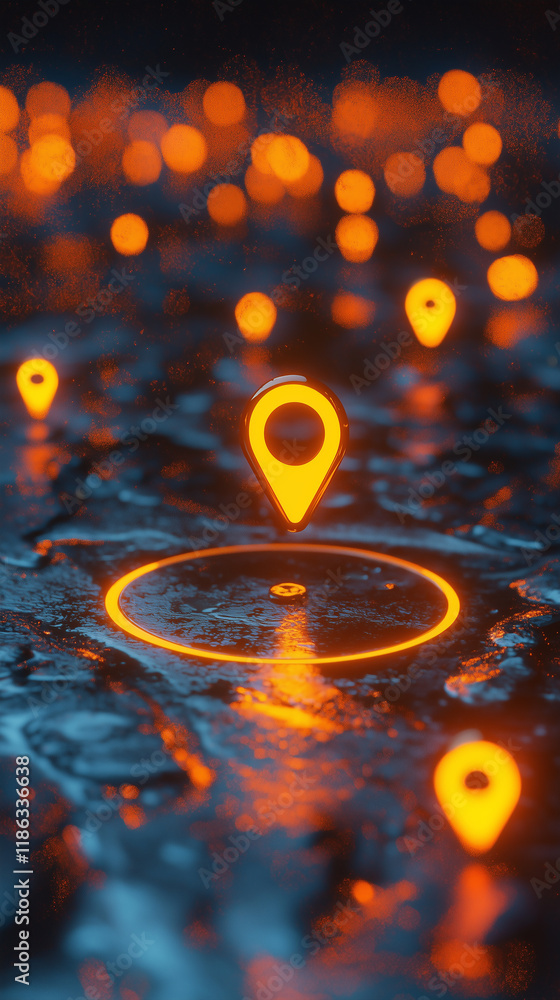 Aufkleber glowing location pins on a reflective surface create a vibrant, digital feel of navigation and conne