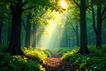 Fototapeta premium Soft light filtering through leafy branches, illuminating forest floor, forest, foliage