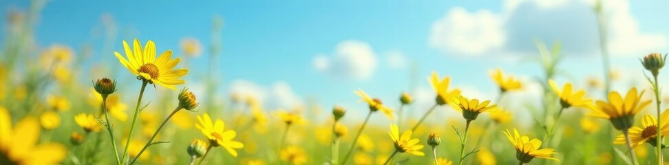 Fototapeta premium Soft petals of yellow wildflowers sway in gentle breeze, nature, blue sky