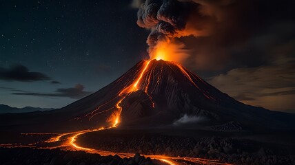 The volcano erupts at night with lava flows and ash clouds against the starry sky - an impressive natural phenomenon