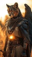 Fototapeta premium Illustration - Majestic Winged Warrior at Sunset