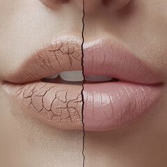 The before and after lip plumping photo of an attractive woman's lips, with one side showing natural fullness and the other side having an extreme lipstick application