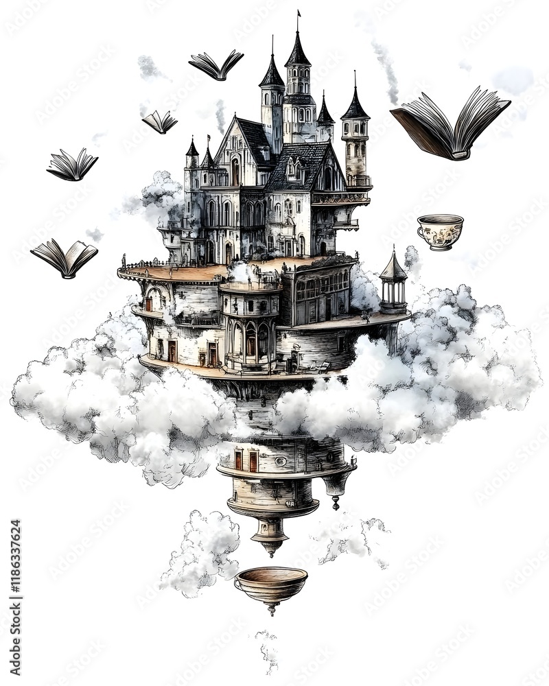 Poster a whimsical floating castle surrounded by clouds and books, symbolizing imagination and creativity.