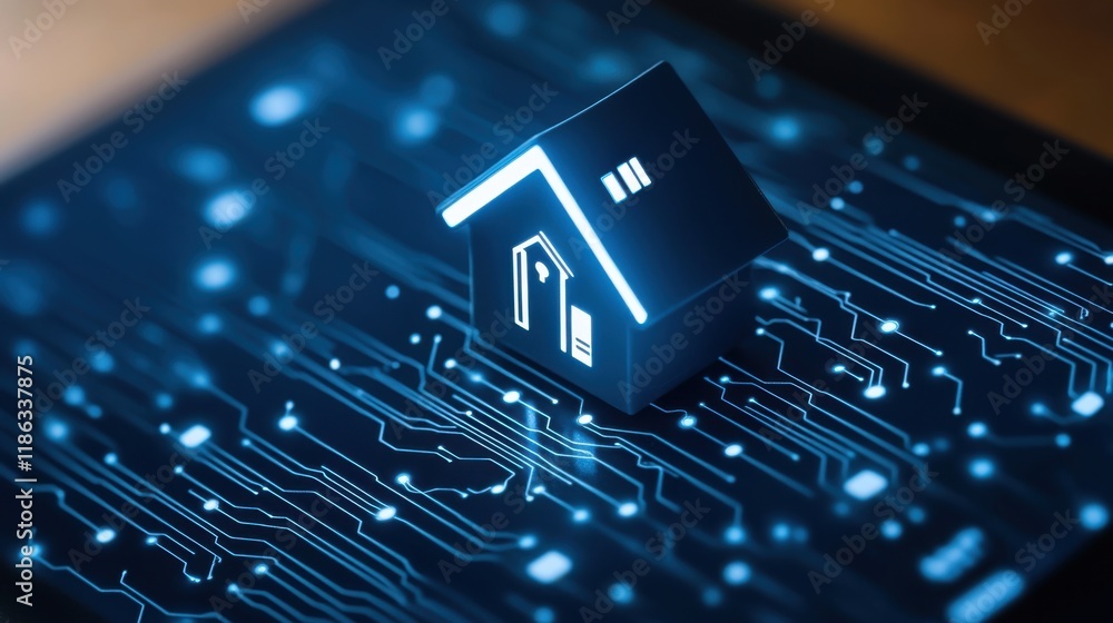 Poster digital home model on circuit board background representing smart technology and modern living conce