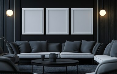 Modern dark living room, three frames, elegant sofa, coffee table, calm background. Use interior design inspiration