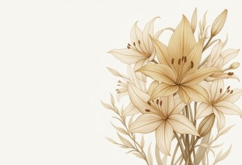 Golden lilies on white background with decorative leaves.