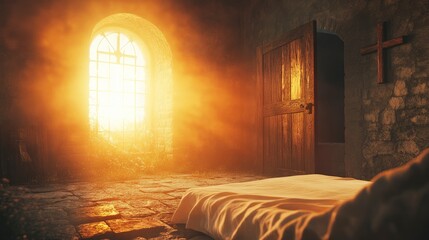 Empty Tomb With Linen Cloth At Sunrise With Sunlight Shining Through The Open Door And Three Crosses In The Distance - Crucifixion And Resurrection Concept 