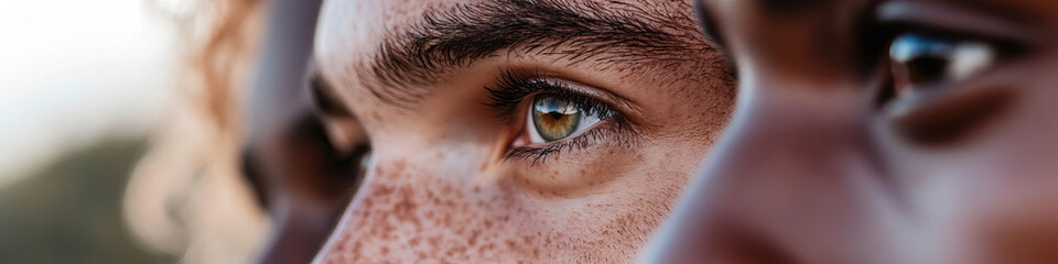 Obraz premium Close-up View of Three Individuals' Eyes and Faces