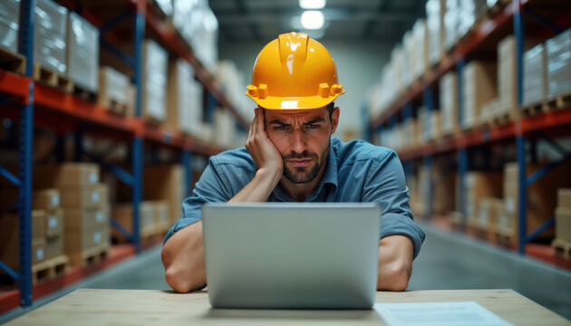 Worker in hard hat concentrates on laptop in warehouse. Man seems stressed. Warehouse filled with boxes. Indoor setting. Worker reviews documents data. Likely working on logistic issue complex task.
