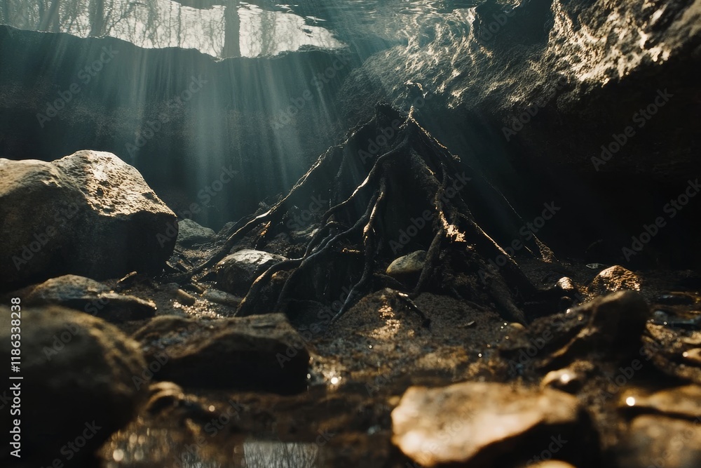 Poster ethereal underwater view of tree roots surrounded by stones with sunlight rays illuminating a natura