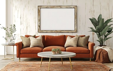 Rustic living room with orange sofa, plants, and large frame. Home decor inspiration