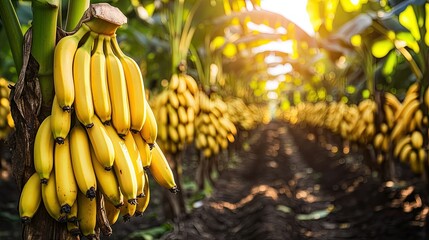 Naklejka premium Ripe yellow bananas growing on a plantation.