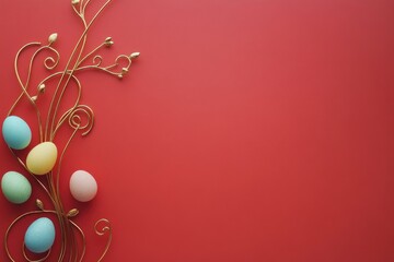 Fototapeta premium A Minimalist Design Featuring Colorful Easter Eggs on a Vibrant Red Background Perfect for Celebrating the Chinese New Year and Easter Festivities