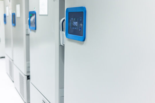 Laboratory freezer showing -79 degrees celsius in a scientific research center