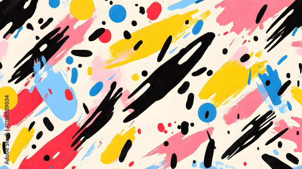 Poster A vibrant abstract pattern featuring bold strokes and colorful dots on a light background, creating a dynamic and playful visual effect