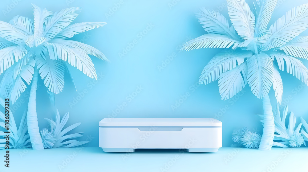 Poster A serene blue backdrop features white palm trees and a minimalist drawer, creating a tranquil and modern aesthetic