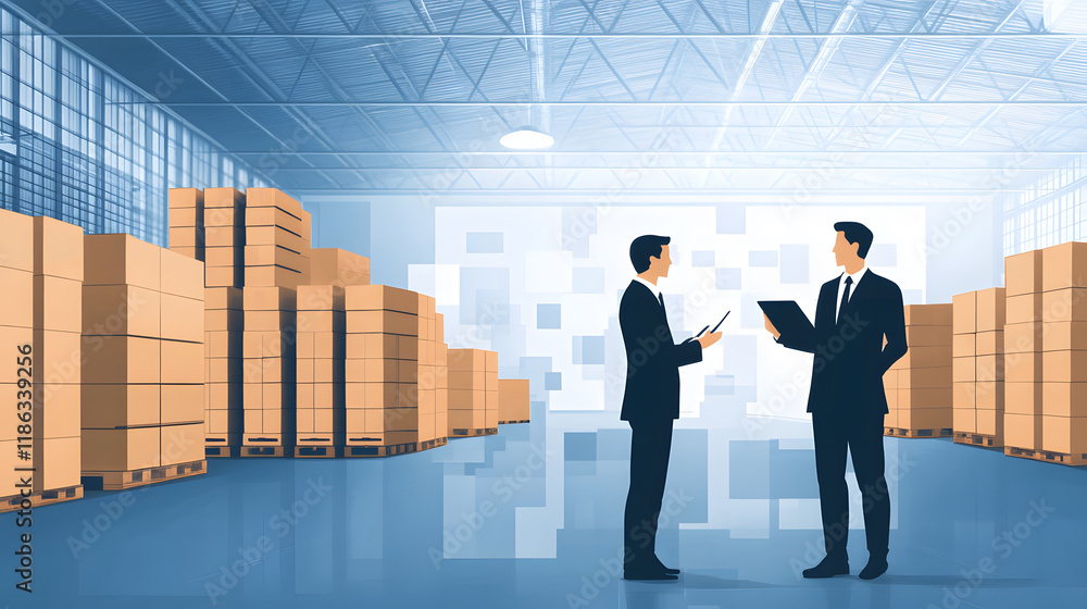 Poster two business professionals discuss logistics in a modern warehouse filled with stacked boxes and a h