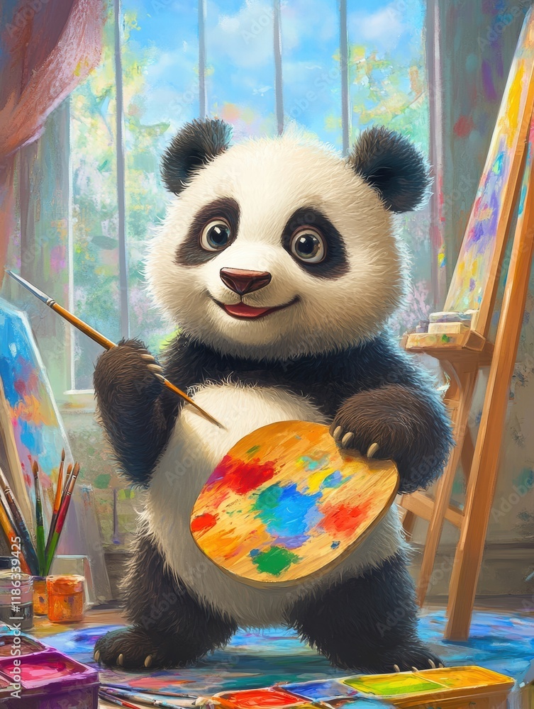 Aufkleber cute panda joyfully creating art with a paintbrush and palette in a colorful studio space filled wit