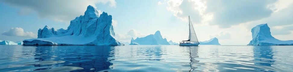 Towering icebergs rise from the horizon as sailboat approaches Disko Bay, sea, greenland, disco bay