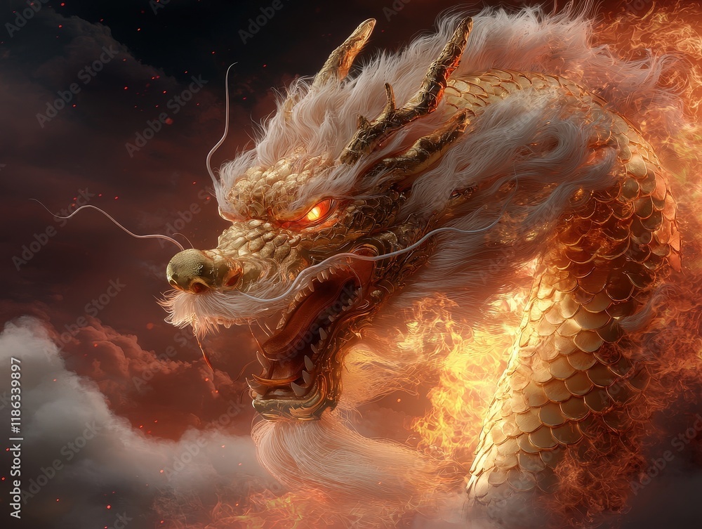 Poster dynamic abstract golden dragon design in a swirling pattern with fiery elements and striking visuals