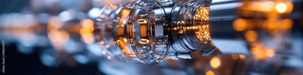 Poster close-up of a complex metallic device with internal illumination