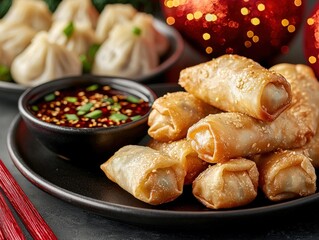 Close-Up of Golden Spring Rolls with Steamed Dumplings and Dipping Sauce on a Black Plate