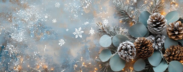 festive winter background, snowflakes, pinecones, eucalyptus leaves, sparkling lights, soft colors