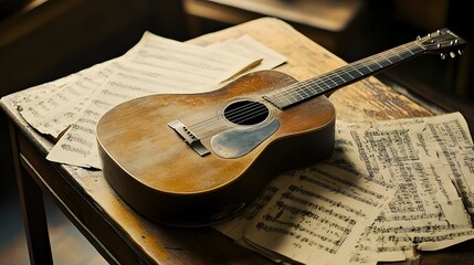 Naklejka premium Weathered Acoustic Guitar Rests On Old Sheet Music
