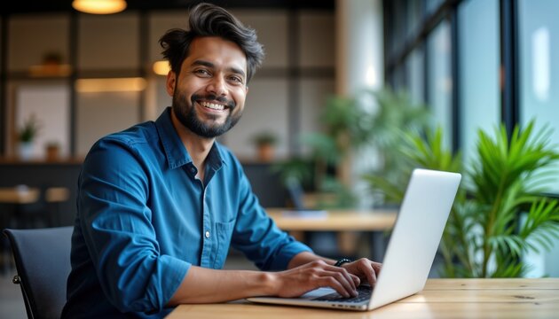 Indian tech worker sits at modern office desk working on laptop. Happy young adult male programmer looks at camera. Pro tech employee in modern workspace. Confident worker. Focus on pro digital work.