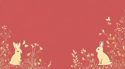 Fototapeta premium Minimalist Easter Scene with Rabbits and Floral Designs for Chinese New Year Celebration - Simple and Elegant Design for Seasonal Decoration