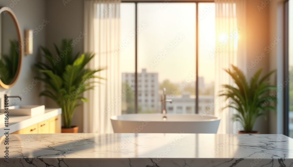 Poster empty marble countertop in modern bathroom with blurred background. stylish interior design with pla