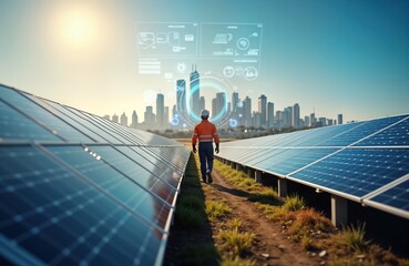 Futuristic engineer inspects vast solar panel field. Holographic data visualizations overlay scene. Clean energy tech, sustainable infrastructure prominent. Sunny day in city setting. Progress,