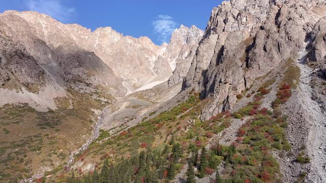 Rocks in high mountain valley in autumn. Ala Archa national park in Tian Shan mountains. Firs and bushes on the slopes of the range. Real non-AI 4K drone video