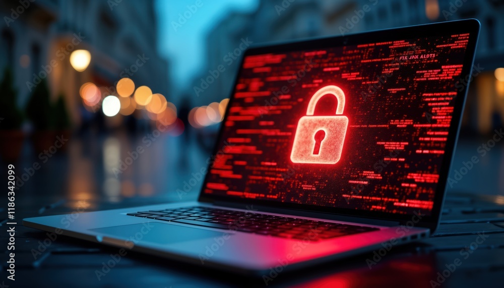 Poster laptop screen shows red security lock icon over digital code. cyber attack alert. system breach. vir